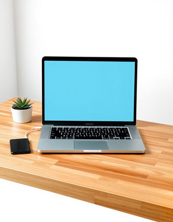 Laptop computer with blank blue screen on wooden table and white wall background
