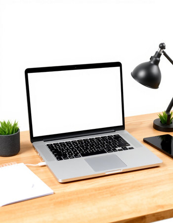Laptop computer with blank screen on wooden desk isolated on white background