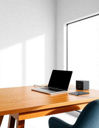 Laptop on a wooden table in a modern office. 3d rendering