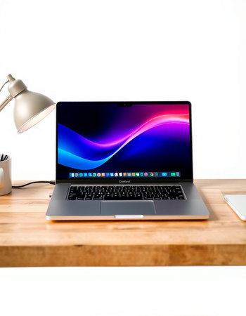 Laptop on a wooden table on a white background. Close-up