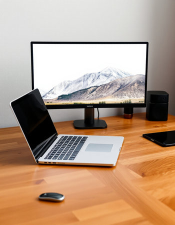 Laptop computer with blank screen on wooden table in modern living room