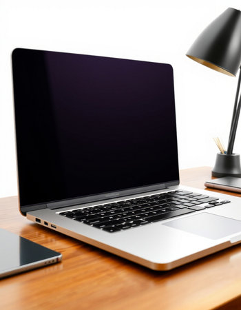 Laptop on wooden desk with lamp and tablet, 3d render