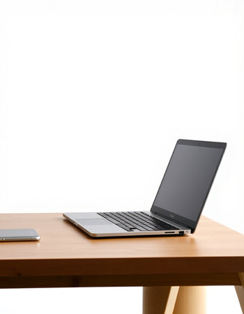 Laptop computer on wood desk isolated on white background with clipping path