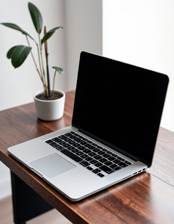 Laptop with blank screen on wooden table in office, stock photo