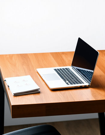 Laptop and stationery on a wooden table. Workplace concept