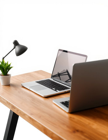 workplace with laptop, lamp and plant on wooden table isolated on whiteの写真素材