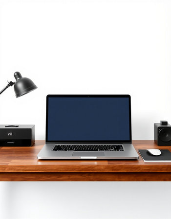 Modern workspace with blank screen laptop computer on wooden desk. 3d render