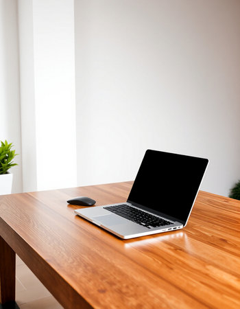 Laptop on wooden table in office room. Workplace concept.