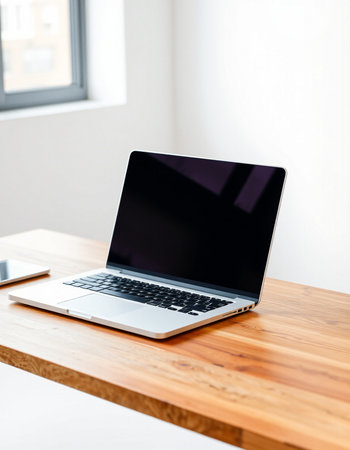 Laptop with blank screen on wooden table in modern office interior.