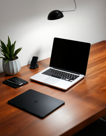 Laptop with blank screen on table in office. 3d render