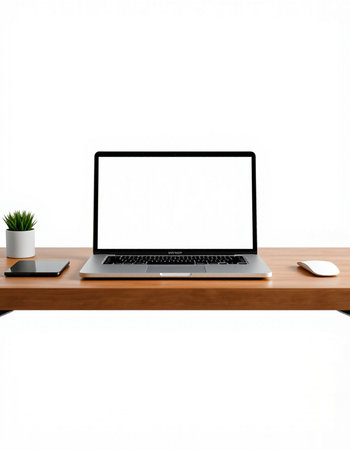 Close up of modern workplace with blank screen laptop computer on wooden desk isolated on white...