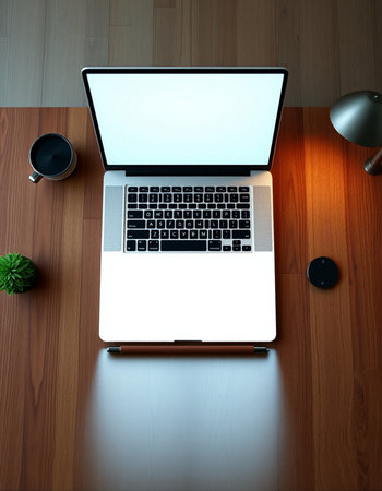 Laptop with blank screen on wooden table. 3D rendering.