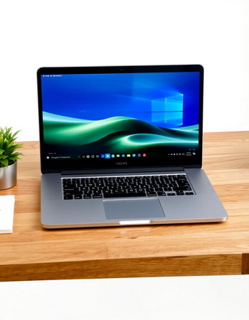 Laptop on wood table with white wall background and green plant.