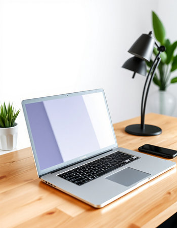 Laptop with blank screen on wooden table in modern office. Mock up