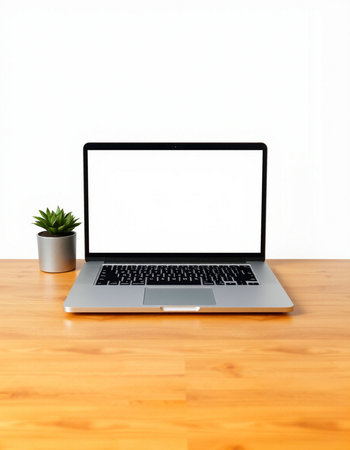 Laptop with blank screen on wooden desk and white wall background.