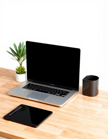 Laptop computer with blank screen on wooden desk with smartphone and plant