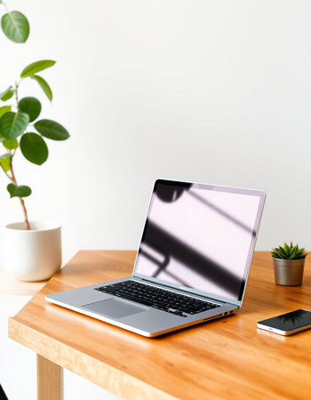 Laptop with blank screen on wooden table and white wall background.の写真素材