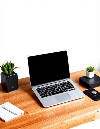 Laptop with blank screen on the wooden desk and white wall background