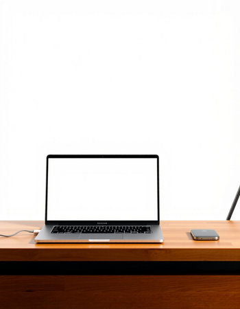 Laptop with blank screen on wooden table and white wall background.