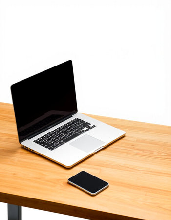 Laptop and smart phone on wooden table with white wall background.の写真素材