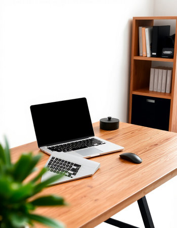 Laptop with blank screen on wooden table and bookshelf on white wall backgroundの写真素材