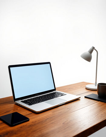 Close up of modern workspace with laptop, smartphone and coffee cup on wooden table