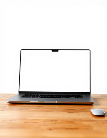 Laptop computer with blank screen on wooden desk isolated on white background