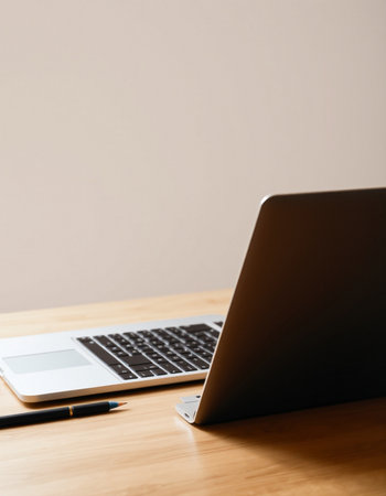 Laptop and pen on the wooden desk with copy space for textの写真素材