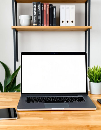 Laptop with blank screen on wooden table and bookshelf backgroundの写真素材