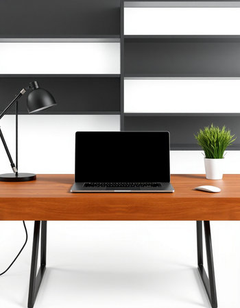3D Illustration of a modern workspace with a laptop and a lampの写真素材