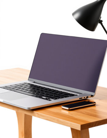Laptop with blank screen on wooden table, isolated on white background