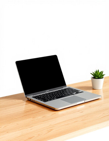 Laptop with blank screen on wooden desk isolated on white background.