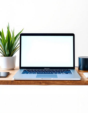 Laptop with blank screen on wooden table and white wall background.