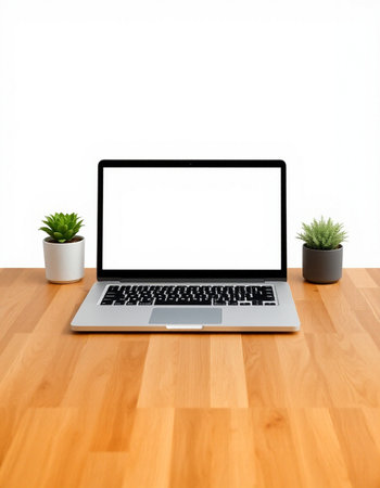 Laptop with blank screen on wood table and white wall background.