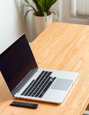 Laptop with blank screen on wooden table in office, stock photo