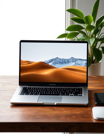 Laptop on table with dunes