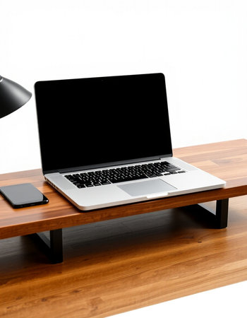 Laptop computer with blank screen on wooden table isolated on white background