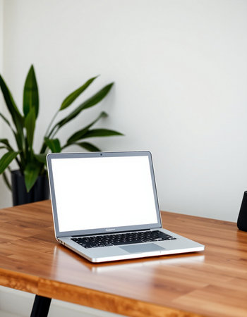 Laptop with blank screen on wooden table in modern office interior.