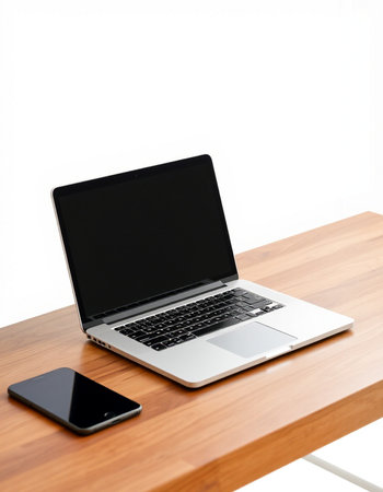 Laptop with blank screen on wooden table isolated on white background.