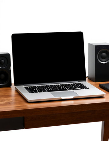 Laptop on a wooden table with speakers and a tablet isolated on white background