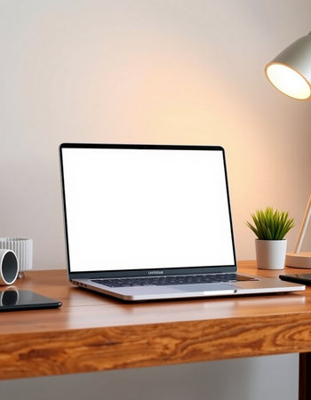 Modern workspace with blank screen laptop computer on wooden table. Mock up