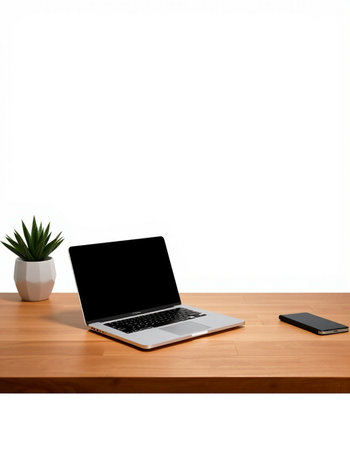 Laptop computer with blank screen on wooden table isolated on white background