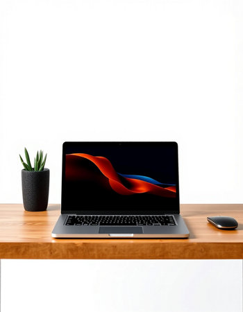 Laptop on a wooden desk with a white wall and a plant