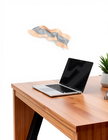 Modern workspace with laptop and coffee cup on wooden table. 3d renderの写真素材