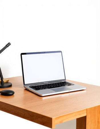 Laptop with blank screen on wooden table and lamp on white wall background