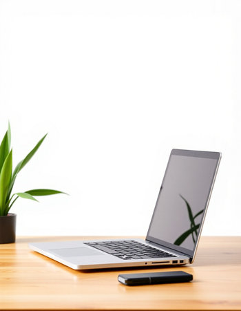 Laptop computer on wooden table with green plant on white wall background
