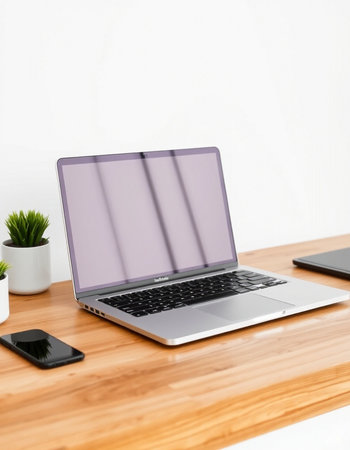 Laptop with blank screen on wooden desk. 3d rendering.