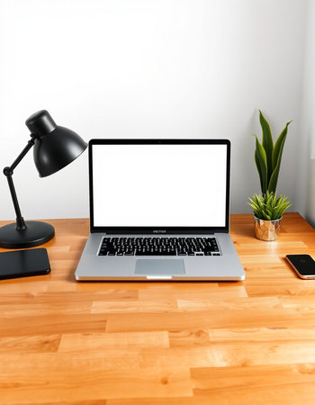 Laptop computer with blank screen on wooden table in office. 3d render