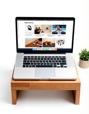 Modern laptop on wooden table and white background. All screen graphics are made up.の写真素材
