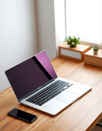 Laptop with blank screen on table in office. Mockup for design